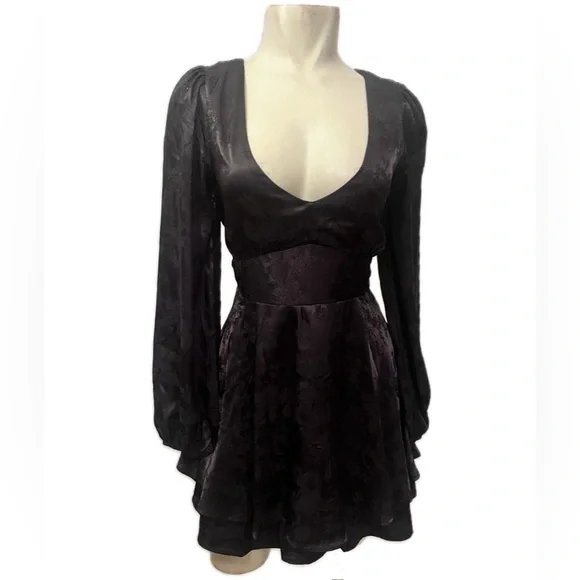 SOLD - Allison & Kelly Gothic Black Brocade Silky Backless Ruffle Mini Dress - Picture 2 of 8